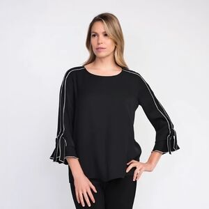 Alfani 1X Black Tunic Top Bell Sleeves Bow Detail with White Piping